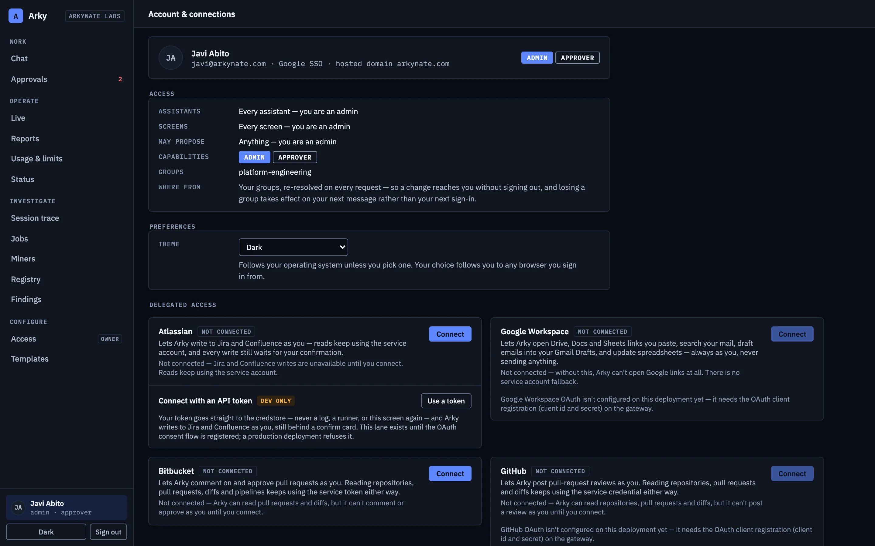 The Arky account page with connected accounts and bring-your-own provider key fields