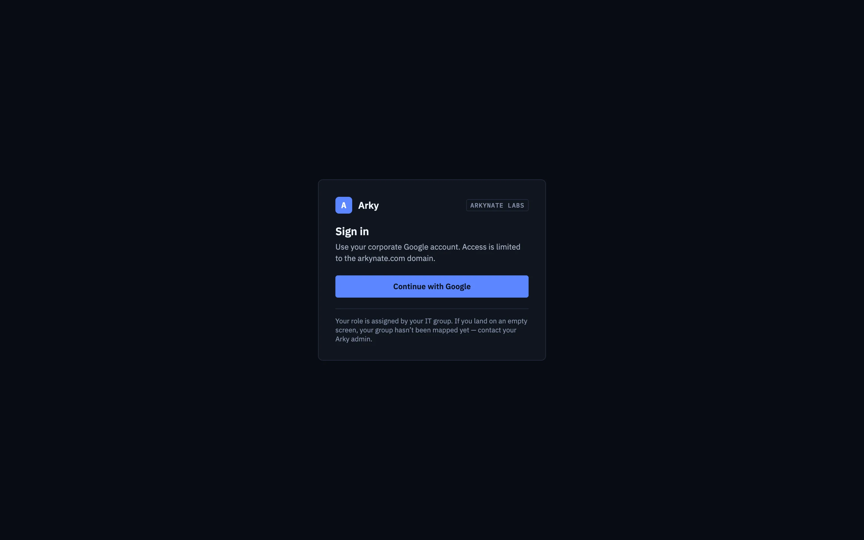 The Arky sign-in screen carrying the tenant own name, colours and welcome text