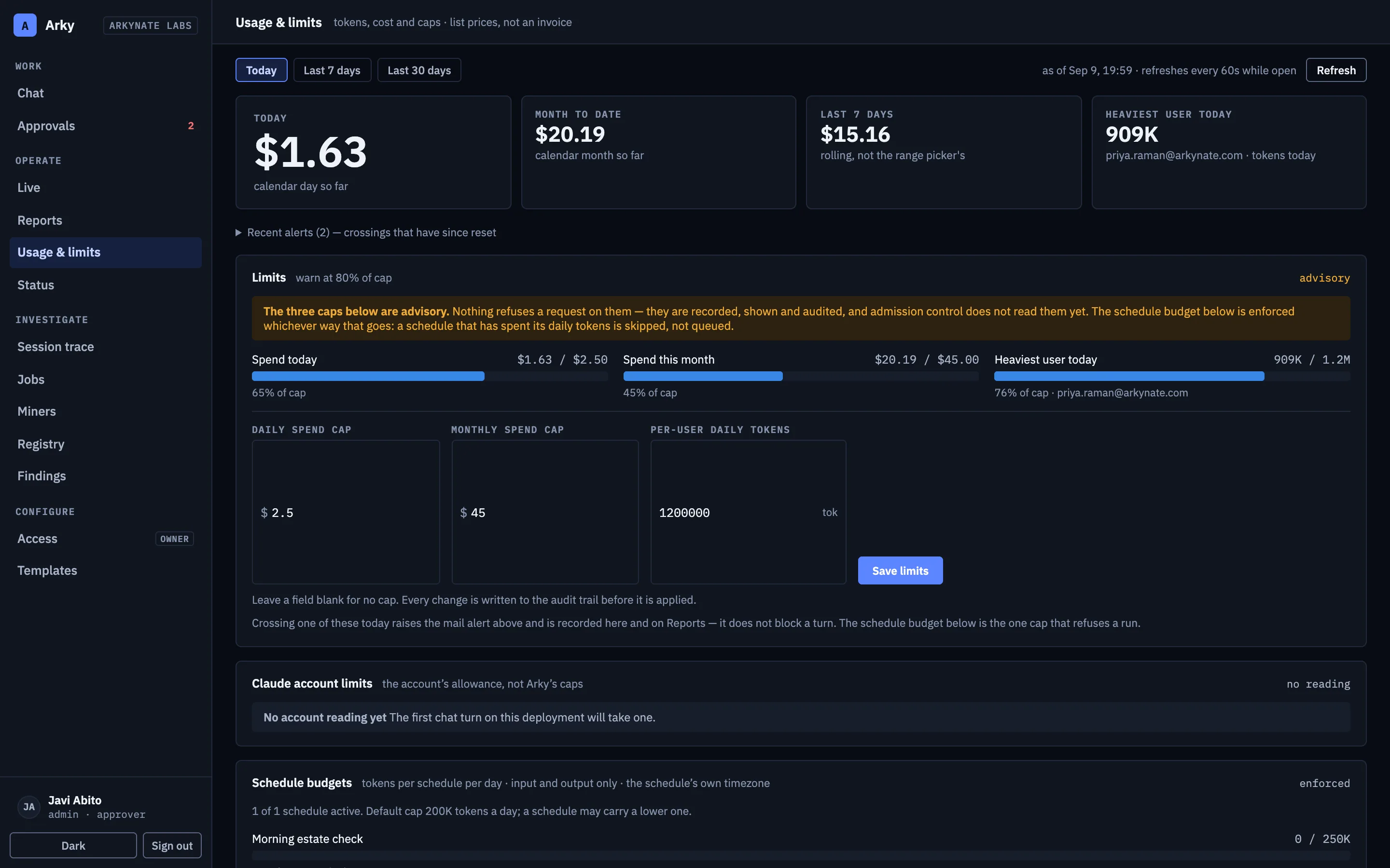 The Arky usage report showing per-user consumption and cost over a period