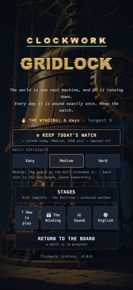 Clockwork: Gridlock main menu — daily puzzle tiers and the Winding streak