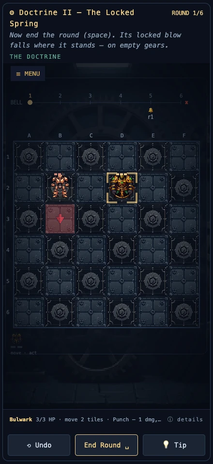 Clockwork: Gridlock — an enemy shoved so its locked attack lands on empty gears