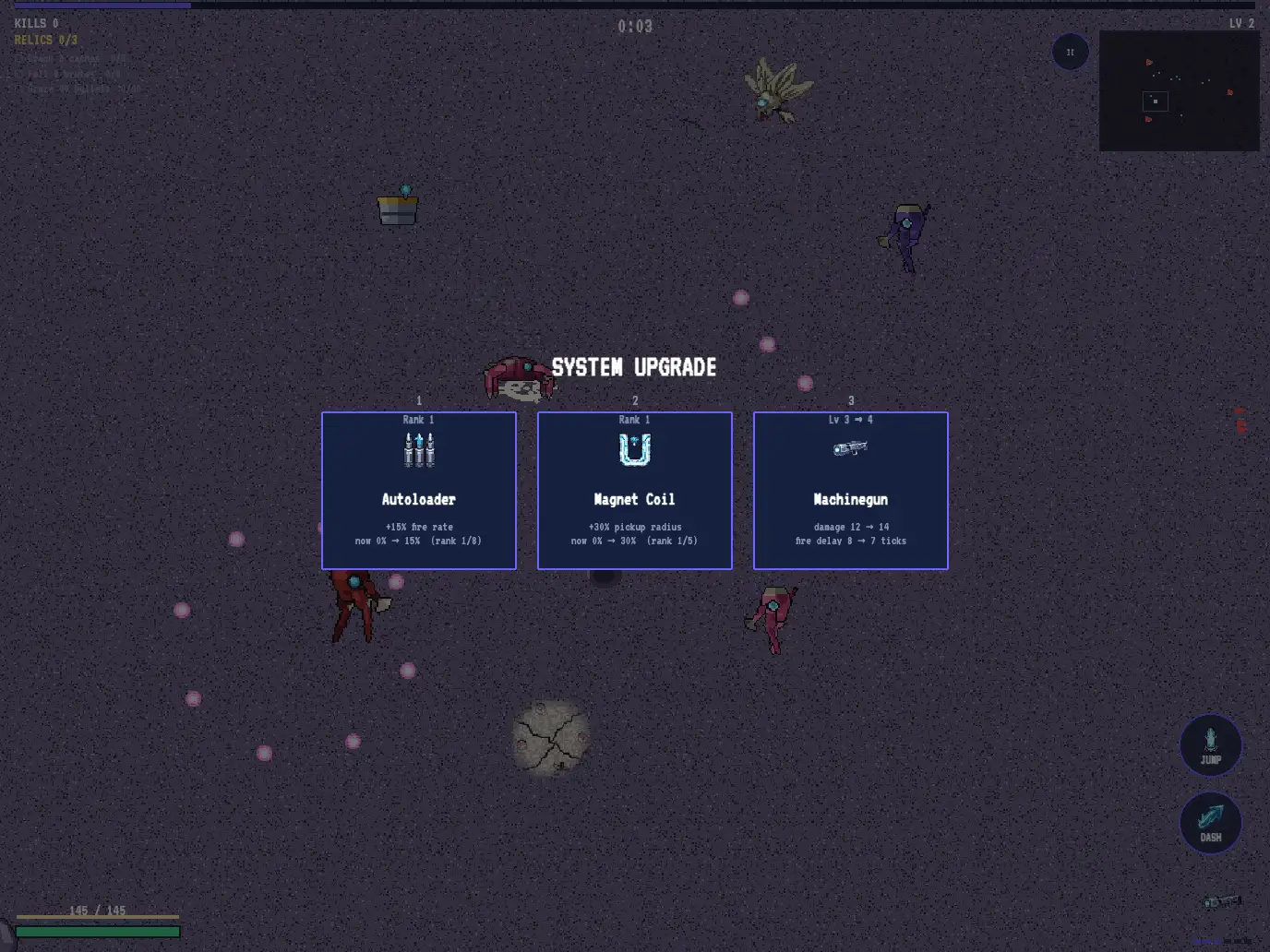 Huskfall system-upgrade draft — three cards over live combat