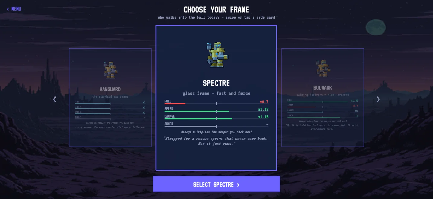 Huskfall frame selection — the Spectre glass frame with stat bars