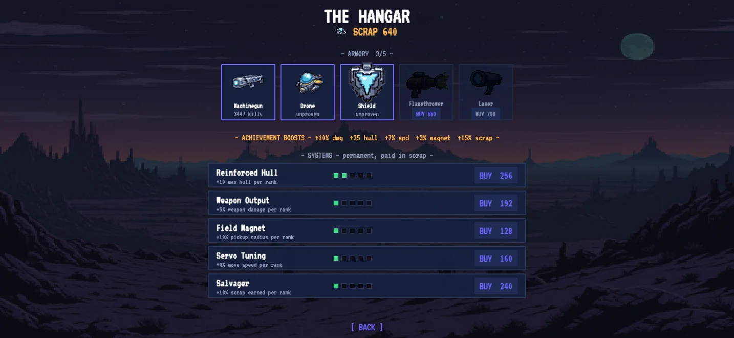 Huskfall hangar — weapon armory and permanent upgrade rows