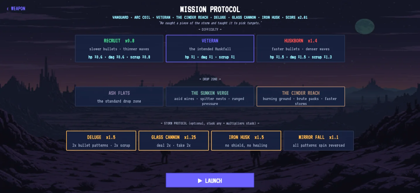 Huskfall Mission Protocol — difficulty, drop zone, and Storm Protocol modifiers